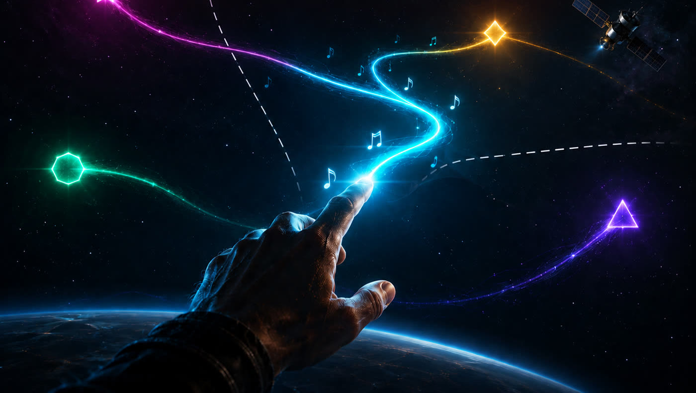 A hand reaches up from orbit, a glowing line winding from its fingertip through a star, a diamond, a hexagon, and a triangle.